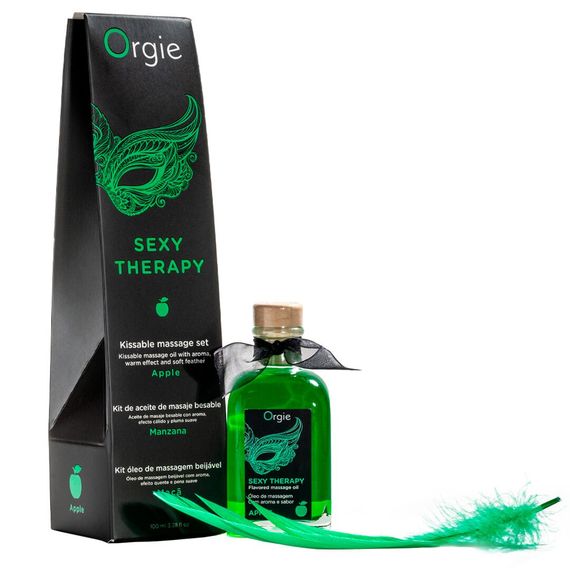 Набір для масажу Orgie – Sexy Therapy Apple (100 мл), їстівна розігрівальна олія + пір’їнка