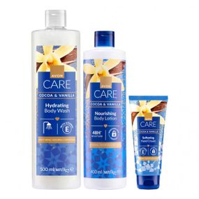 Набор Avon 3-в-1 “Какао и ваниль” (Крем для рук 75 мл + Гель для душа 500 мл + Лосьон для тела 400 мл)