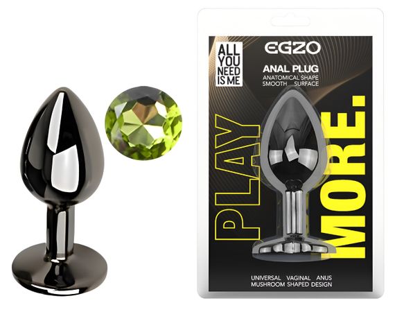 Анальна пробка з кристалом EGZO - Dark Gray Round Plug Green, size S Sex Aura
