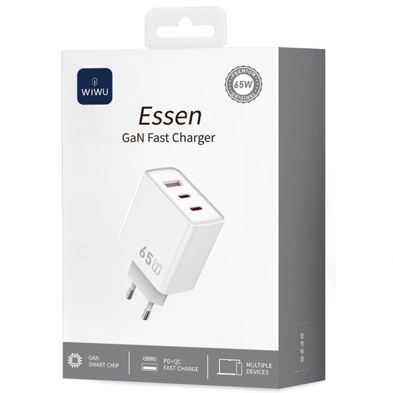 СЗУ WIWU G005 Essen PD65W+QC3.0 GaN (1USB-A/2C) White | Зображення 1