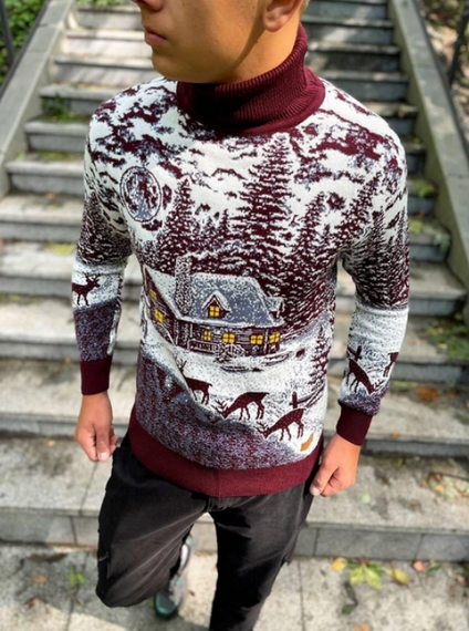 Мужской новогодний свитер Олени домик PA0001 цвет бордовый, размер M | Зображення 1