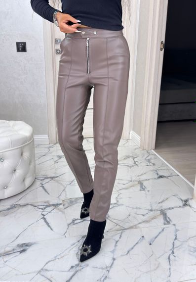 Женские утепленные узкие кожаные брюки на замше, BU8780 цвет мокко, размер 44