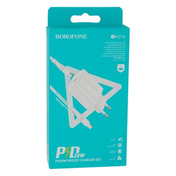 Мережевий зарядний пристрій швидкої зарядки Borofone BA57A PD 20W Type-C to Lightning 3A (33141-01_219) | Зображення 2