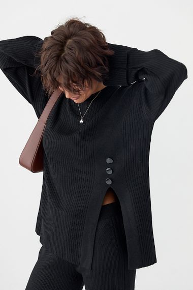 В'язаний костюм в рубчик вільною крою - чорний цвет, ONE SIZE (є розміри) | Зображення 2