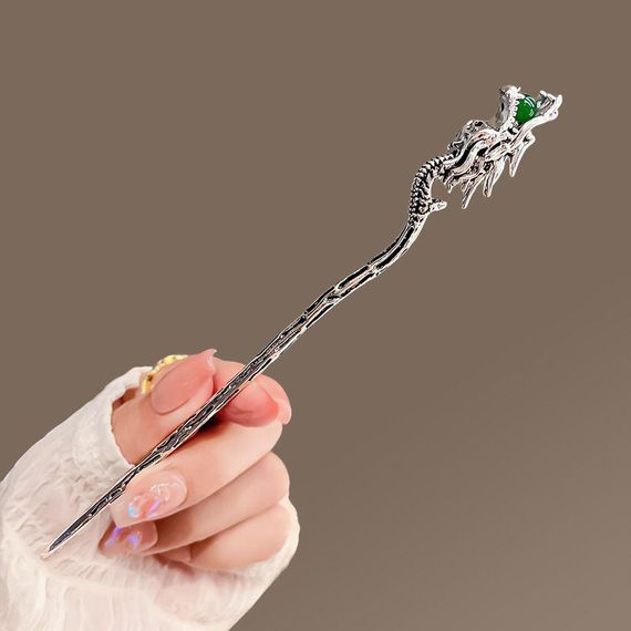 Металева китайська паличка для волосся "Срібний Дракон з нефритом".