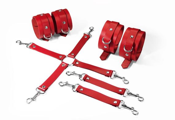 Набір для БДСМ 3 в 1 Feral Feelings BDSM Kit 3 Red, наручники, поножі, хрестовина sexstyle