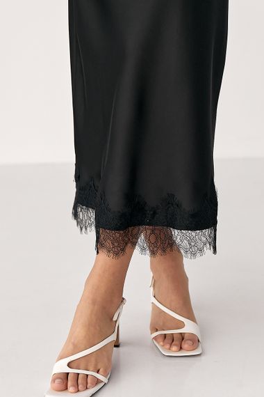 Атласна спідниця міді з мереживом - чорний цвет, M (є розміри) | Зображення 3