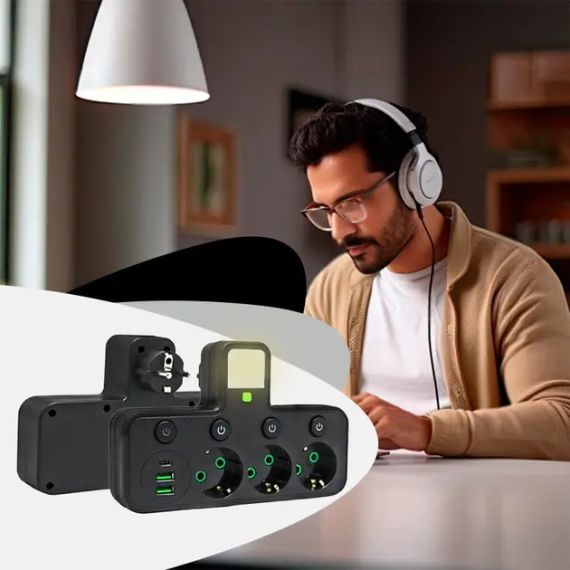 Розетка 9-в-1 европейского стиля с выключателем, зарядным устройством USB и огнестойкой/взрывозащищенной конструкцией для кухни, гостиной, спальни, офиса, 4 порта с USB | Зображення 1