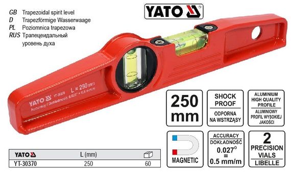 Уровень трапеция YATO Польша магнит алюминий 250мм 2 капсулы YT-30370 | Зображення 1