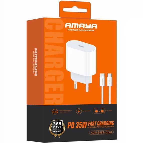 МЗП Amaya E69S PD35W (1USB-C) + кабель Type-C to Type-C White | Зображення 1