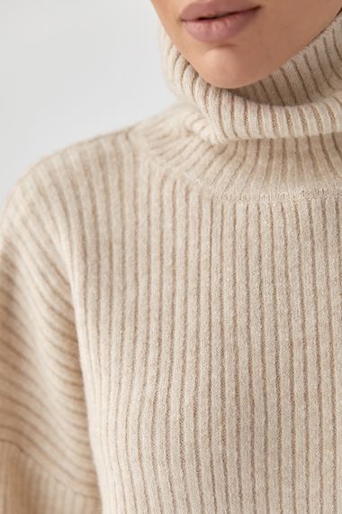 Тепла в'язана туніка в рубчик - бежевий цвет, ONE SIZE (є розміри) | Зображення 3