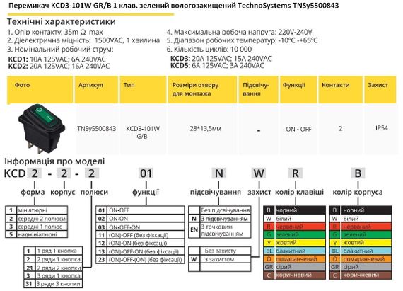 Переключатель KCD3-101W GR/B 1 клавиша зеленая влагозащищеный Ny95500843 | Зображення 1
