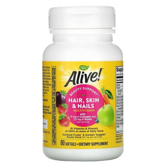 Мультивитамины для волос, кожи и ногтей, Hair, Skin &amp; Nails Multi-Vitamin, Nature's Way, Alive! 60 капсул