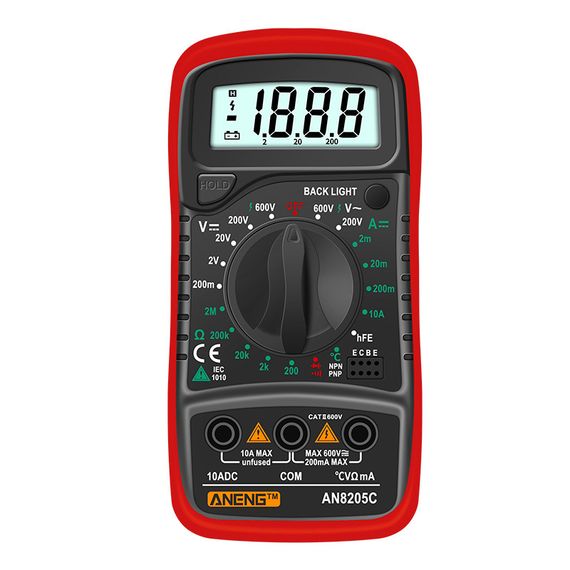 Мультиметр ANENG AN8205C, вимірювання: V, A, R, T, функція hFE