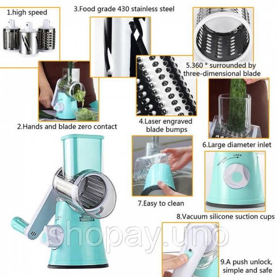 Овочерізка мультислайсер Tabletop Drum Grater Kitchen Master Терка для овочів та фруктів 3 насадки. Колір: блакитний | Зображення 8
