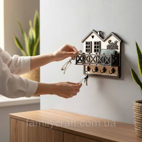 Ключница настенная деревянная с полочкой Sweet Home венге, органайзер держатель для ключей в прихожую на 4 крючка