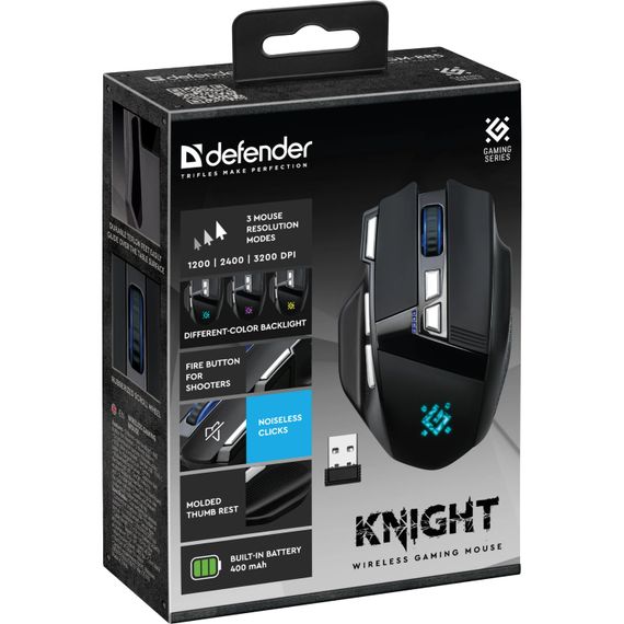 Мишка Defender Knight GM-885, бездротова, ігрова, 8кн., 3200 dpi., 400 mAh, чорна | Зображення 8