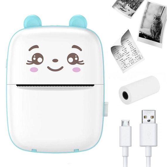 Портативний міні принтер з Bluetooth + 1 рулон паперу, Блакитний / Дитячий термопринтер для друку з телефону / Бездротовий принтер