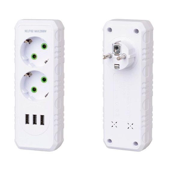 Розетка трійник із заземленням F102-White, 2 розетки+3USB(1А), 2500W, 10A | Зображення 1