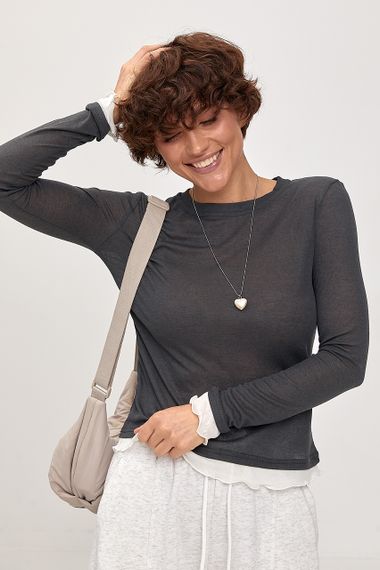 Тонкий лонгслів з двошаровим ефектом - темно-сірий цвет, ONE SIZE (є розміри)