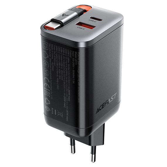 СЗУ Acefast A111 GaN With Retractable Cable Type-C PD67W (1USB-A/1C) Black | Зображення 1