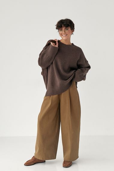Вільний в'язаний джемпер із розрізами - коричневий цвет, ONE SIZE (є розміри) | Зображення 2