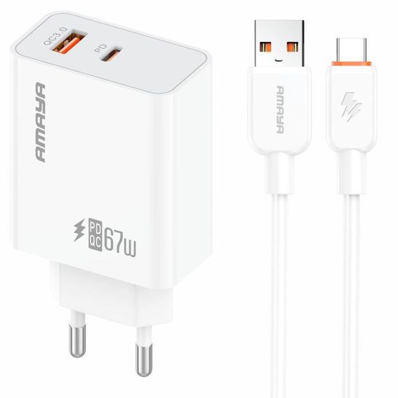 МЗП Amaya E72D PD67W+QC3.0 (1USB-A/1C) + кабель USB to Type-C White