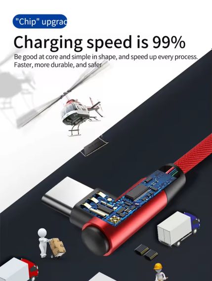 Кабель USB Type-C для быстрой зарядки 1-метр, 5A, 90 градусов красный | Зображення 4