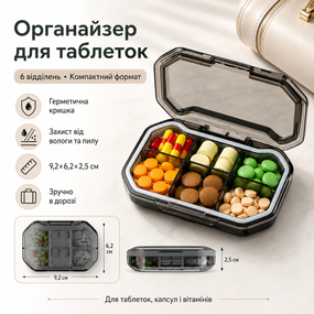 Таблетница герметична на 6 отделений, Серый / Органайзер для таблеток L1225 / Контейнер для лекарства