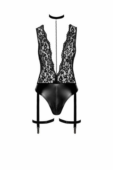 Боді Noir Handmade F297 Libido Deep-V bodysuit with collar, pearl chain and garter - M | Зображення 3