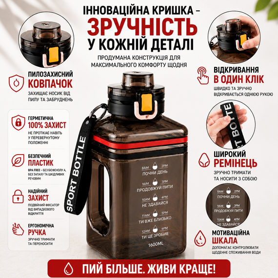 Спортивная Бутылка 2200 мл (Gallon) из черного прозрачного и безопасного пластика (BPA Free) | Зображення 7