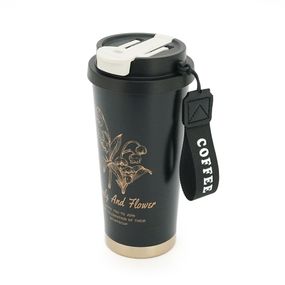 Термокухоль пластиковий Merlion Coffee, з трубочкою, об'єм 500мл., колба з нержавіючої сталі, чорний