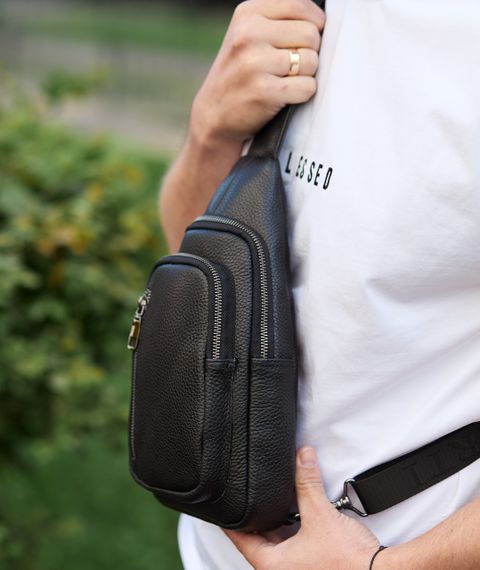 Сумка-слінг чоловіча чорна через плече з натуральної шкіри TIDING BAG 32545 | Зображення 3