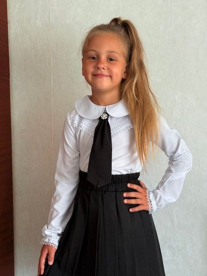 Дитяча шкільна блуза на дівчинку з мереживом із довгими рукавами колір білий розмір 128, SBR240 | Зображення 5