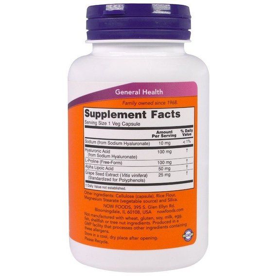 Гіалуронова кислота NOW Foods Hyaluronic Acid Double Strength 100 mg 120 Veg Caps | Зображення 1