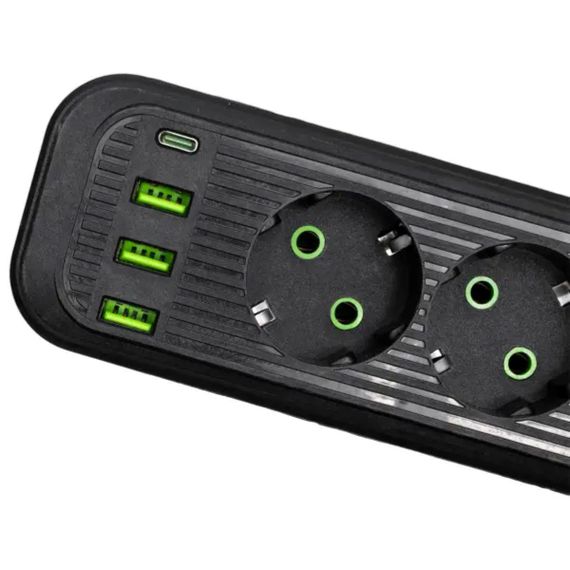 Мережевий фільтр-подовжувач 4 розетки 3xUSB-A 1xUSB-C 3м чорний HP-5-38M | Зображення 2