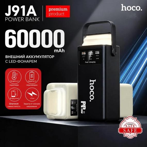 Power Bank HOCO J91A 60000 мАч | Быстрая зарядка 22.5W LED-фонарь | Встроенные кабели | Зображення 1