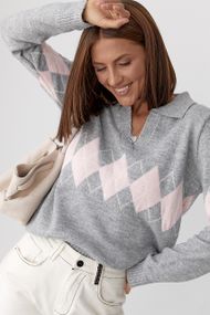 В'язаний светр-поло з ромбами - сірий цвет, ONE SIZE (є розміри)