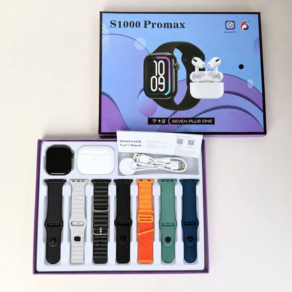 Комплект S1000 Pro Max - Smart Watch / Air Pro 2 / 7 ремінців (Чорний) | Зображення 7
