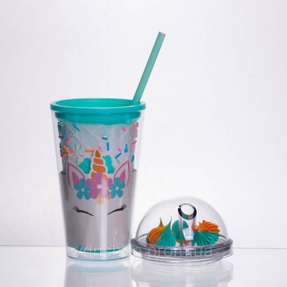 Пластиковый стакан с трубочкой и крышкой 400 (мл) многоразовый пластиковый стакан Бирюзовый HP-18-1TU | Зображення 1