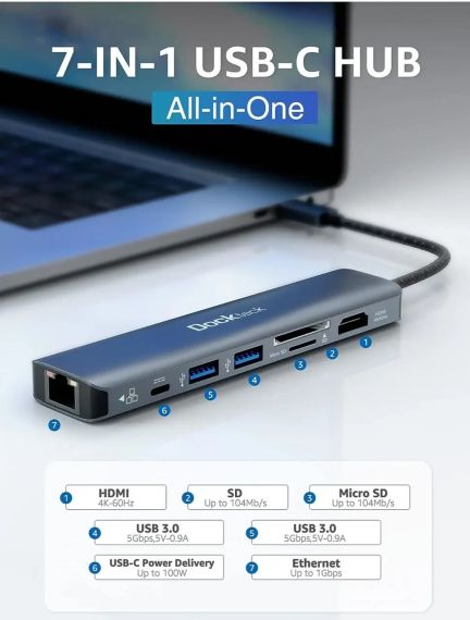 Концентратор USB хаб адаптер Dockteck 7-в-1 HDMI 4K RJ45 100 Вт | Зображення 3