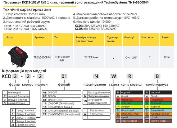Перемикач KCD3-101W R/B 1 червоною кнопкою вологостійкий Ny95500844 | Зображення 1