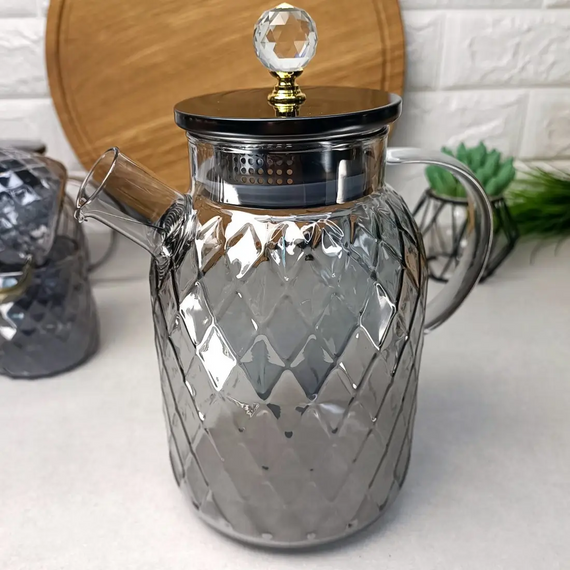 Термостойкий стеклянный чайник Topaz Crystal GK-5509 1,8 л декоративный рельефный дизайн Серый перламутр | Зображення 1