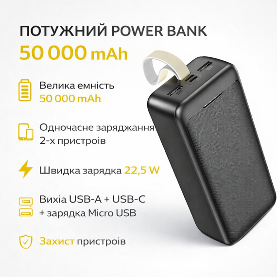 Повербанк Awei J111B 50000 mAh, 22.5W — портативний зовнішній акумулятор зі швидким заряджанням, 3 виходи, Li-Pol, чорний