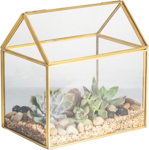 Скляний флораріум NCYP у формі будиночка з кришкою, золота рамка, 15.5×11×16 см, для сукулентів, мосаріум