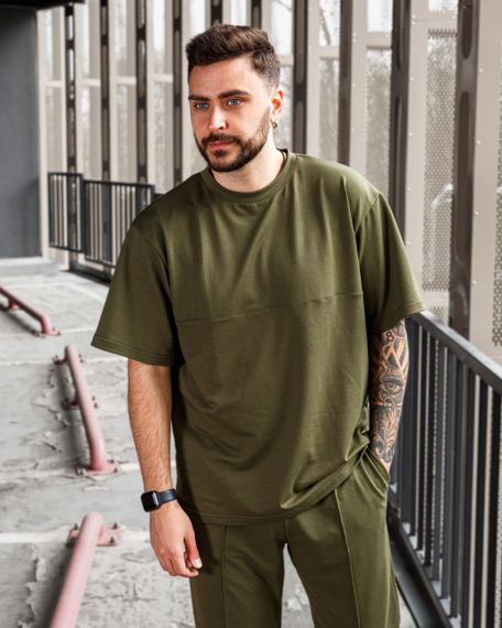 Мужской летний спортивный костюм двойка футболка + штаны BD0016 размер S, цвет хаки | Зображення 1
