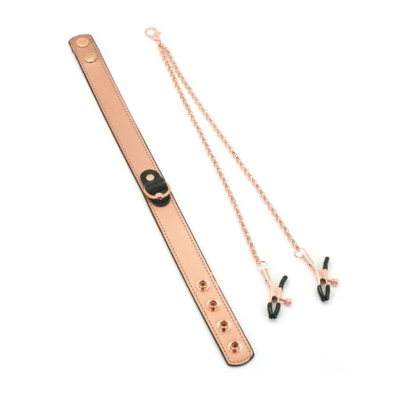 Нашийник із затискачами для сосків Liebe Seele Rose Gold Memory Collar with Nipple Clamps, шкіра | Зображення 1