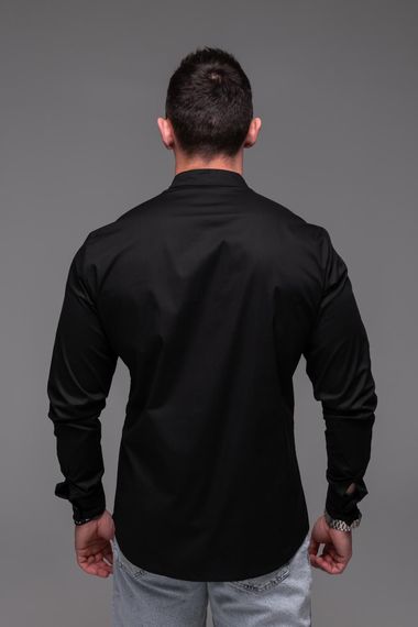 Чоловіча бавовняна сорочка з коміром стійка та довгим рукавом на ґудзиках колір чорний, розмір S RA2392 | Зображення 2