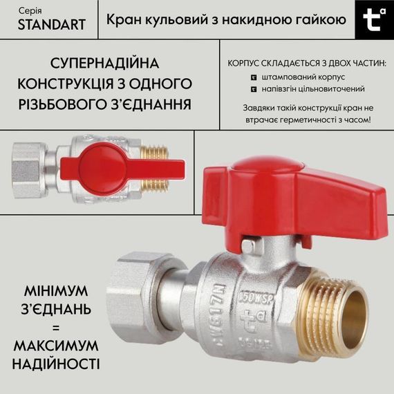 Кран кульовий Thermo Alliance Standart 1/2" ВН прямий, PN40, з накидною гайкою TAS261W15 | Зображення 2