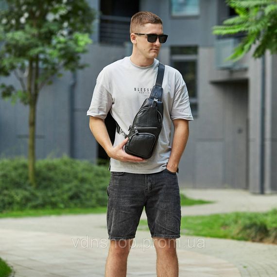 Сумка-слинг мужская на плечо 17х32х7, кожаный нагрудной рюкзак для города TIDING BAG MK16094 черный | Зображення 2